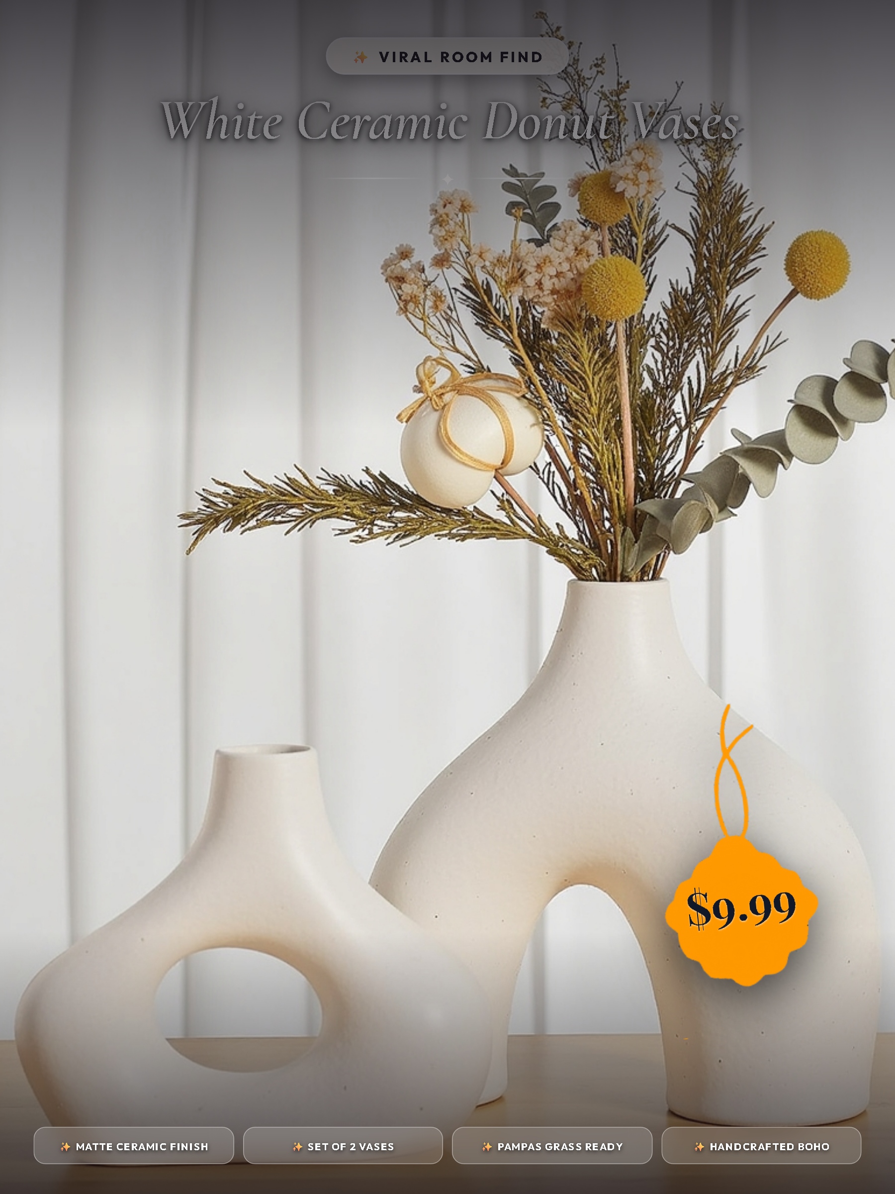 CEMABT White Ceramic Vase Set of 2 for Modern Minimalist Bohemian Decor，Round Matte Donut Vases for Pampas Grass-Perfect for Living Room, Dining Table, Office Bedroom Shelf Decor Entryway, Console