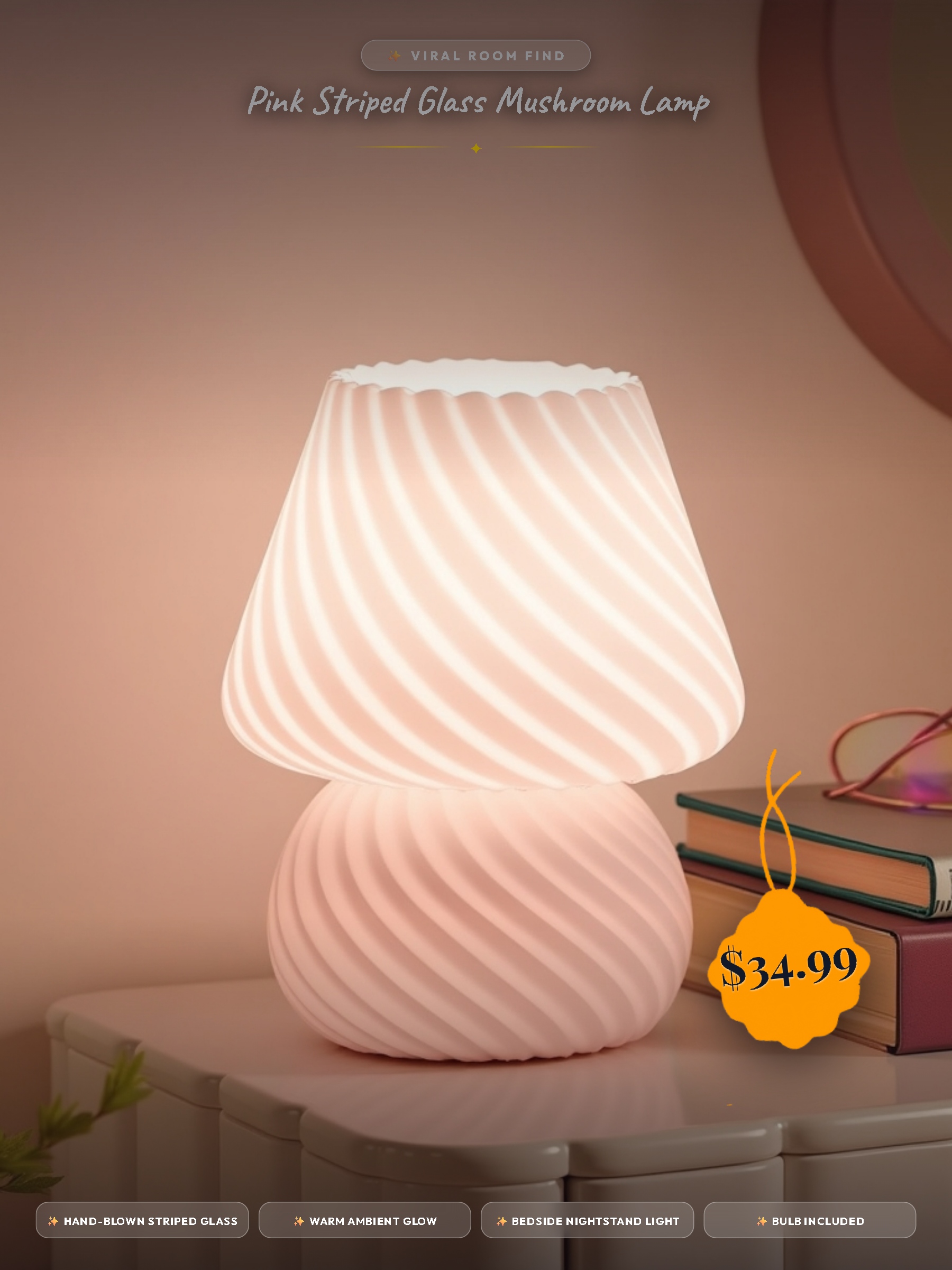 ONEWISH Mushroom Lamp-Small Bedside Table Lamp with Striped Glass, Nightstand Lamp for Bedroom, Living Room, Cafe, Bulb Included, Home Decor for Girls Women, Pink