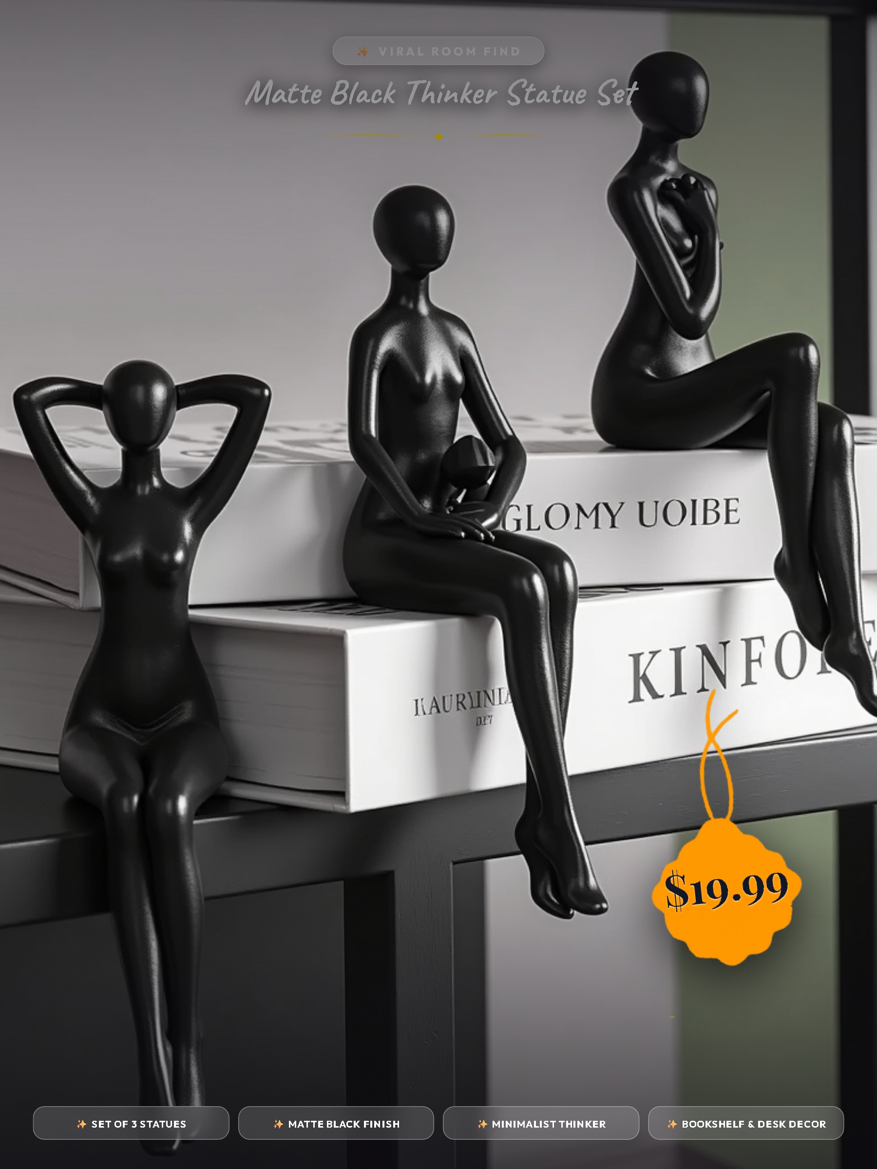 Quoowiit Black Thinker Statue Book Shelf Decor, Minimalist Modern Home Decor Collectable Figurines Office Desk Unique Coffee Table Decorations for Living Room 3 Piece
