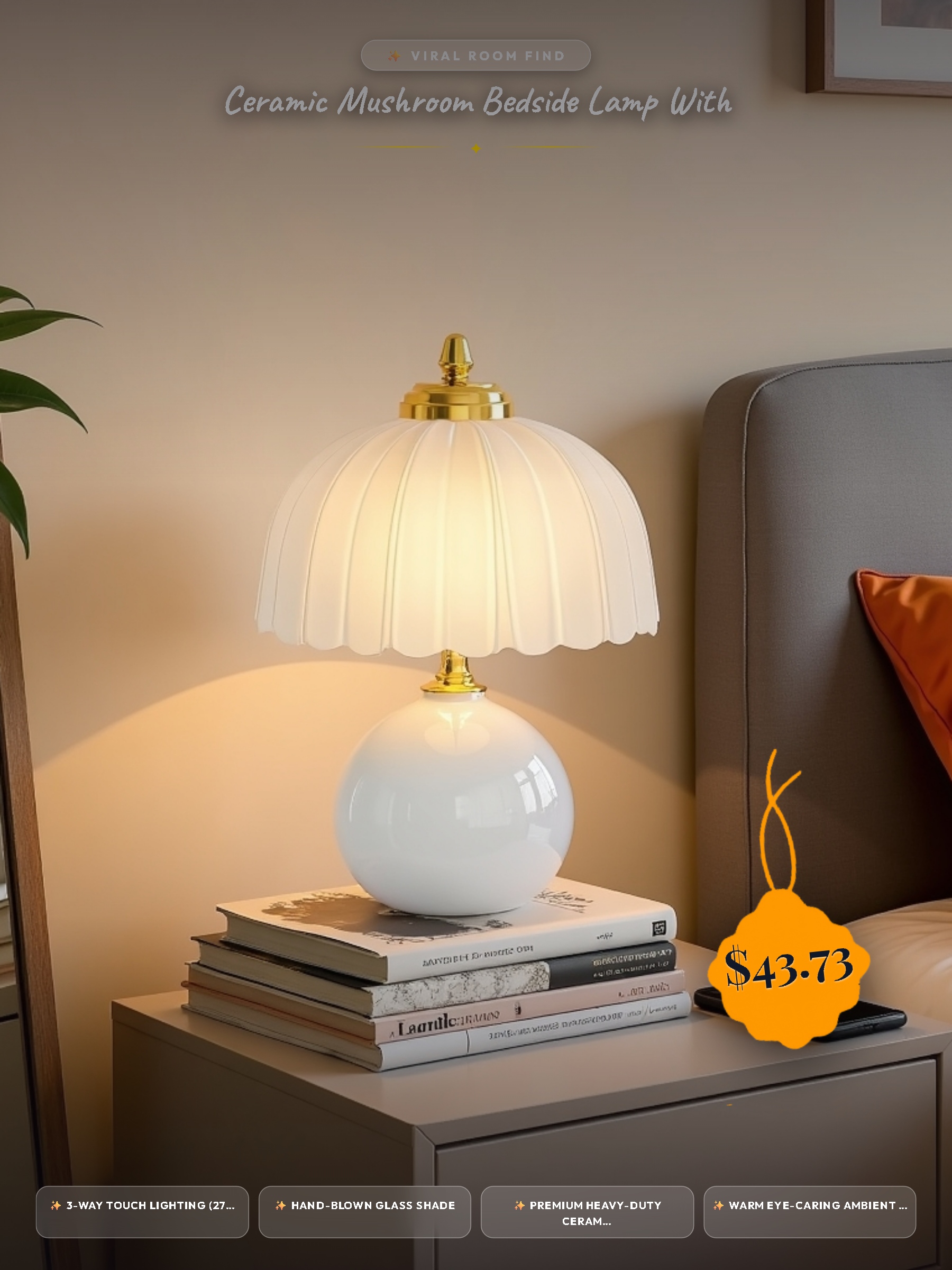 Ceramic Mushroom Bedside Lamp with Glass Shade