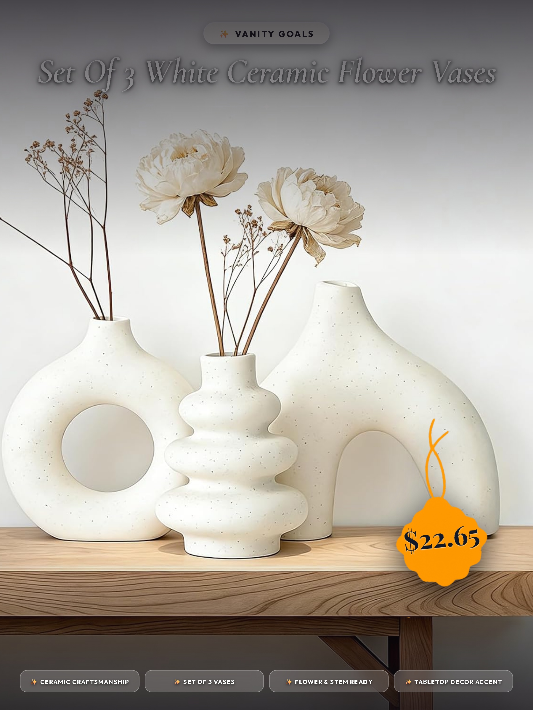 Set of 3 White Ceramic Flower